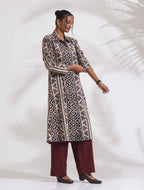 trueBrowns Beige Cotton Geometric Print Shirt Kurta Set | Grocsy
