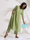 trueBrowns Green Slub Kurta Set | Grocsy