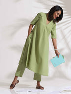 trueBrowns Green Slub Kurta Set | Grocsy