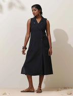 trueBrowns Black Cotton Linen Dress | Grocsy