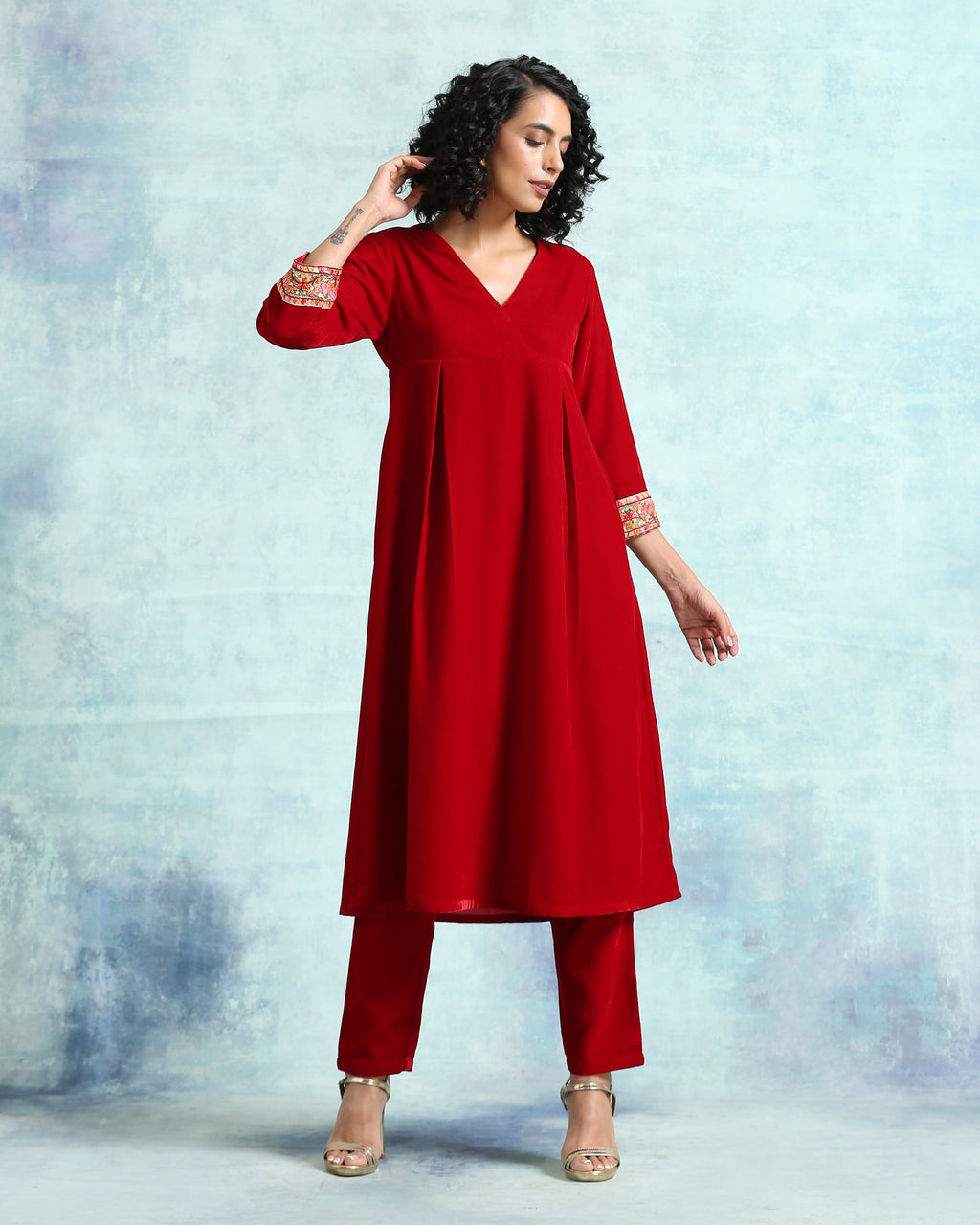 trueBrowns True Red Velvet Yoke Kurta | Grocsy