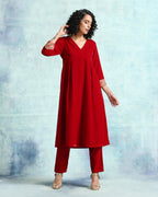 trueBrowns True Red Velvet Yoke Kurta | Grocsy