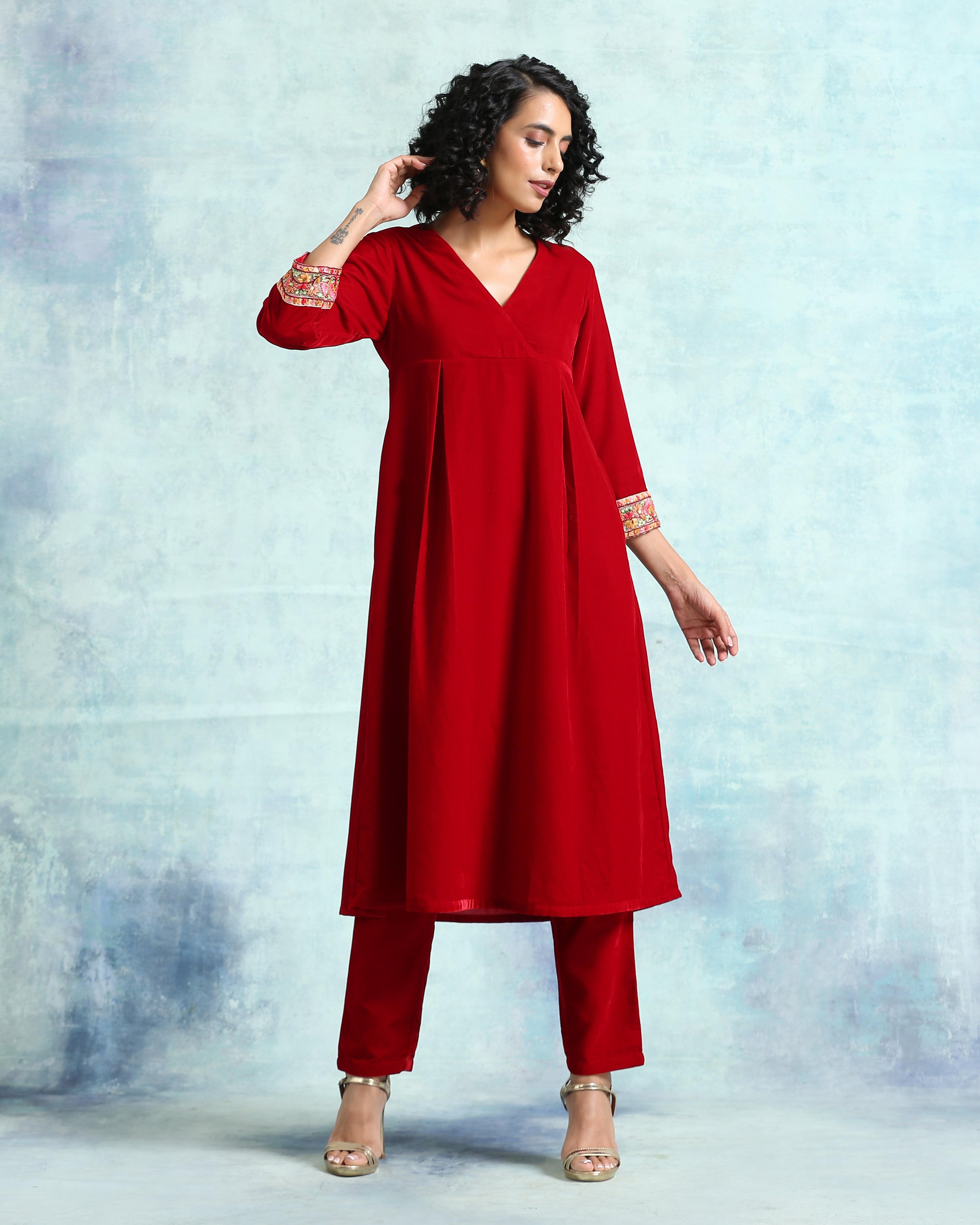trueBrowns True Red Velvet Yoke Kurta | Grocsy