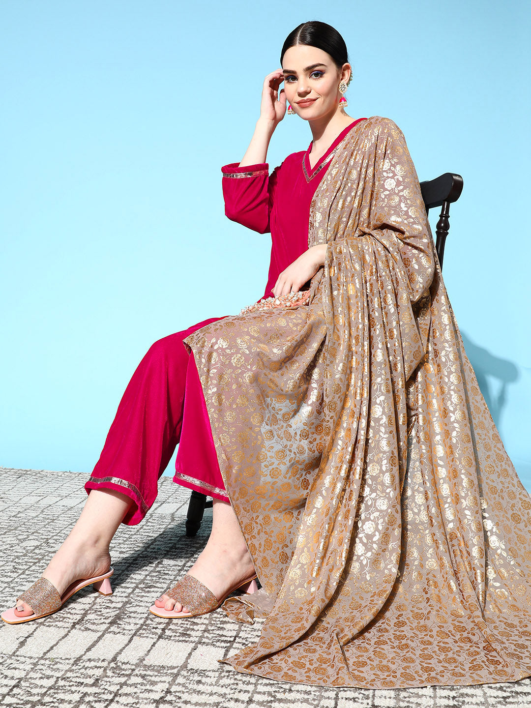 InWeave Women's Fuschia Velvet Kurta Set With Grey Gold Georgette Dupatta | Grocsy