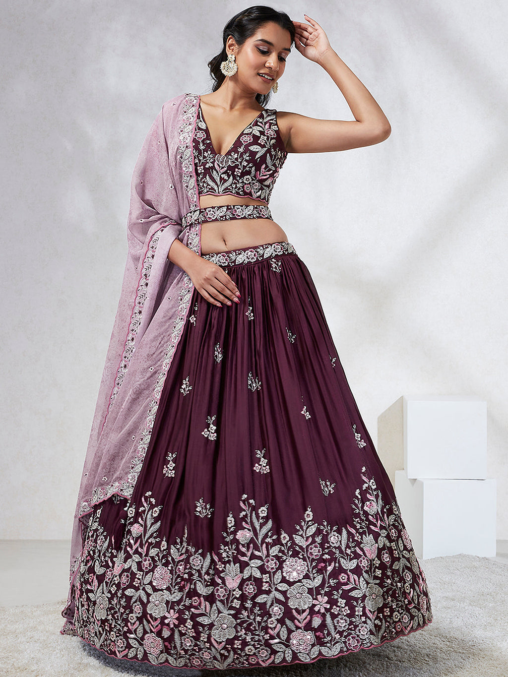 House of Panchhi Burgundy Pure Georgette Sequins And Thread Embroidery Lehenga Choli & Dupatta | Grocsy