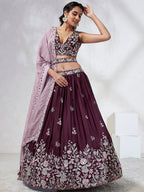 House of Panchhi Burgundy Pure Georgette Sequins And Thread Embroidery Lehenga Choli & Dupatta | Grocsy