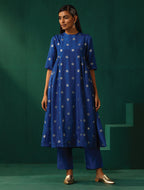 trueBrowns Royal Blue Geometric Floral Viscose Silk Side Gathered Kurta Pant Set | Grocsy