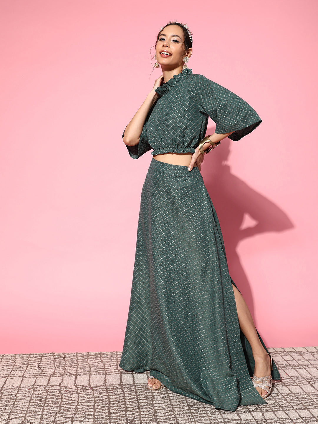 InWeave Women's Hunter Green Gold Crop Top With Side Slit Skirt | Grocsy