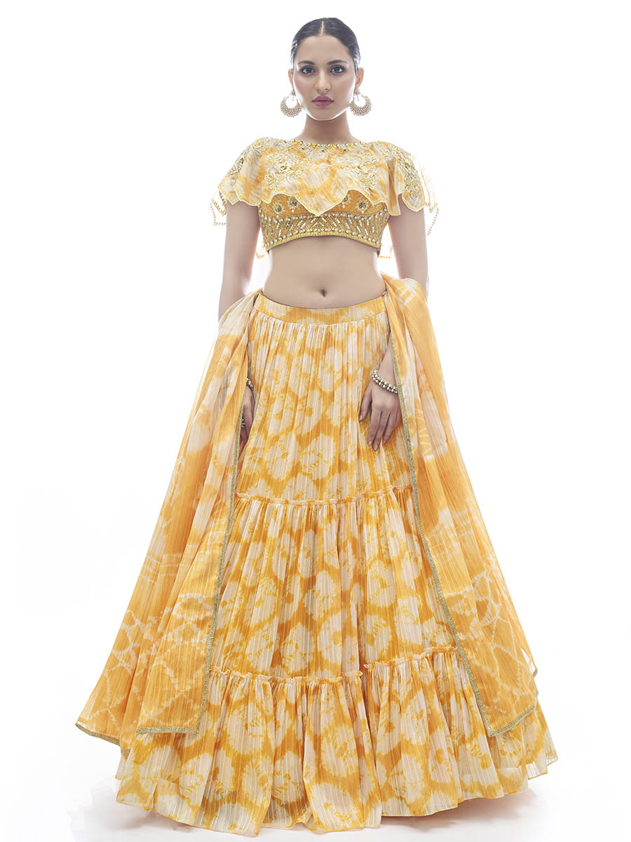 Myra Yellow Jaquard Embroidered Designer Lehenga | Grocsy