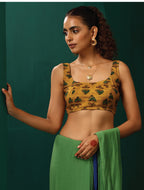 trueBrowns Mustard Muslin Silk Flower Stem Printed Scoop Neck Sleeveless Blouse | Grocsy