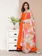 InWeave Women's Orange Strppy Set With Red Big Floral Print Dupatta | Grocsy