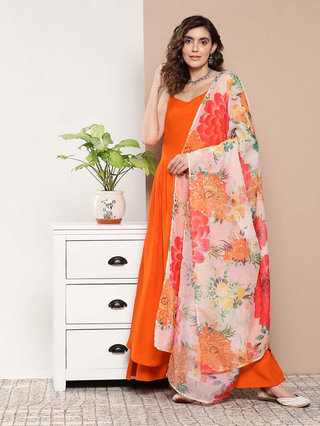 InWeave Women's Orange Strppy Set With Red Big Floral Print Dupatta | Grocsy