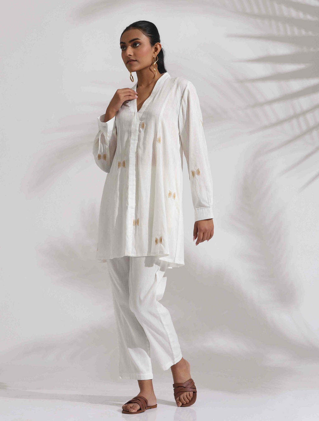 trueBrowns Off-White Cotton Embroidered A-line Co-ord Set | Grocsy