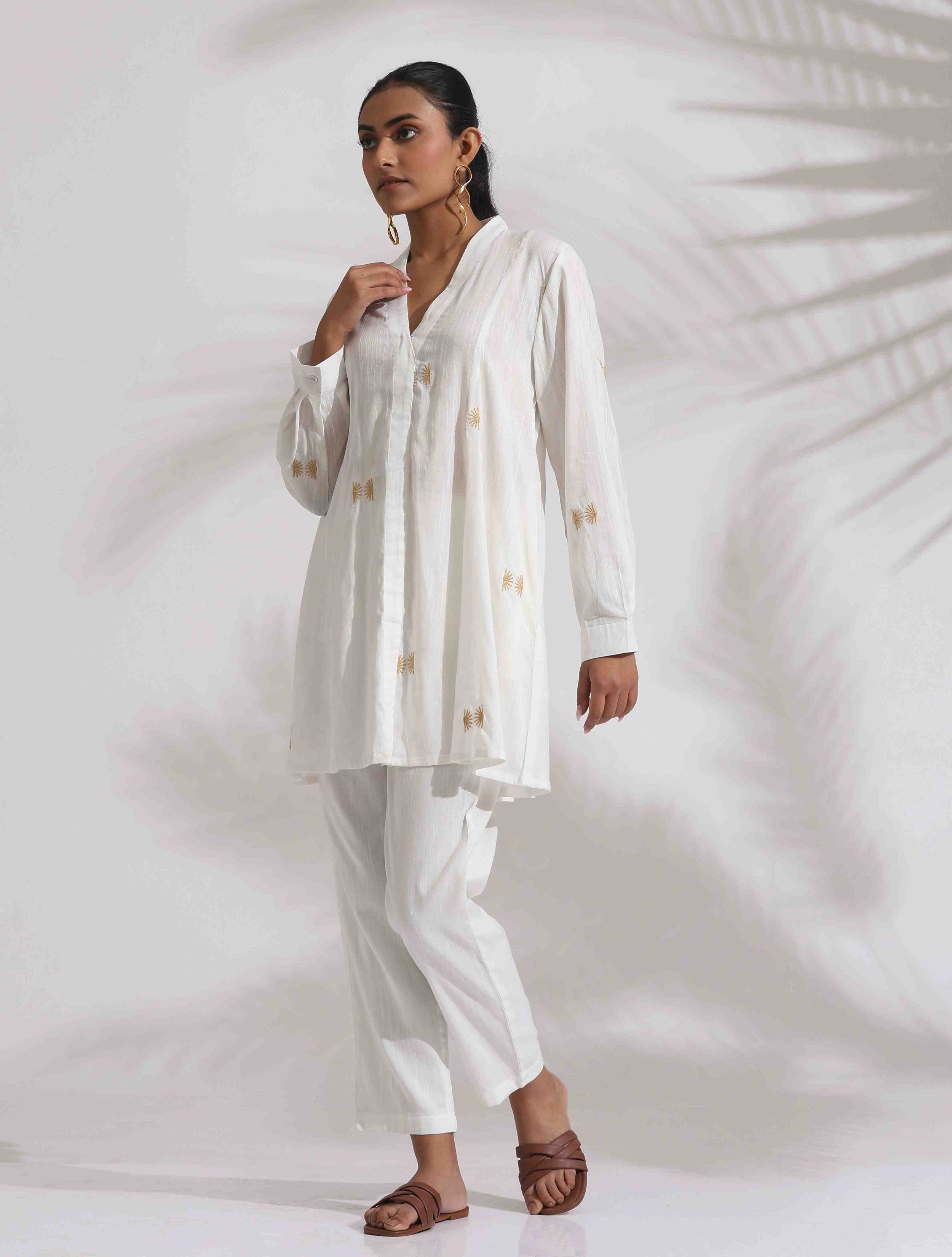 trueBrowns Off-White Cotton Embroidered A-line Co-ord Set | Grocsy