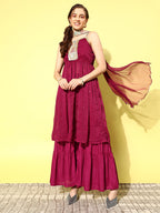 InWeave Women's Maroon Gota Insert Neckline Sharara Set | Grocsy