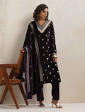 trueBrowns Wine Velvet Floral Embroidered Kurta Pant Dupatta Set | Grocsy
