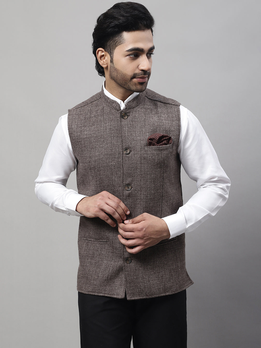 Even Apparels Men's Brown Nehru Jacket With Welt Pockets | Grocsy