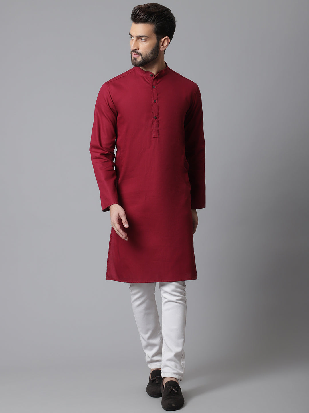Even Apparels Maroon Pure Cotton Kurta With Band Collar | Grocsy