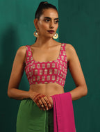 trueBrowns Pink Muslin Silk Leaf Printed Scoop Neck Sleeveless Blouse | Grocsy
