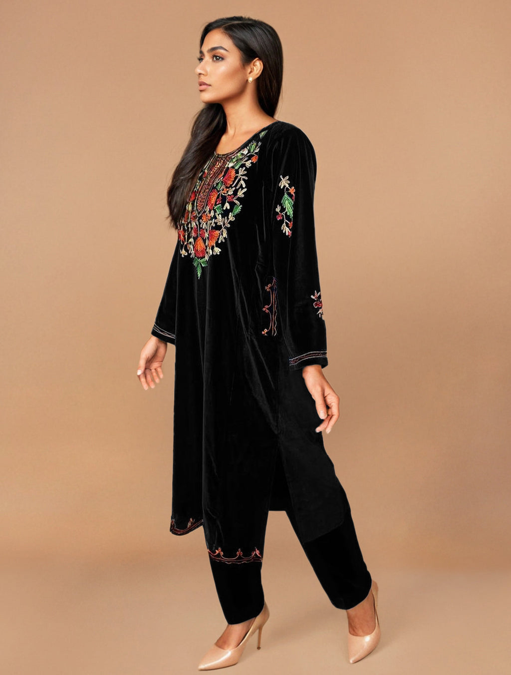 trueBrowns Black Velvet Embroidered Kurta Set | Grocsy