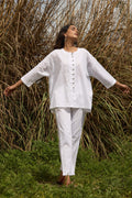 trueBrowns White Cotton Embroidered Relaxed Co-ord Set | Grocsy