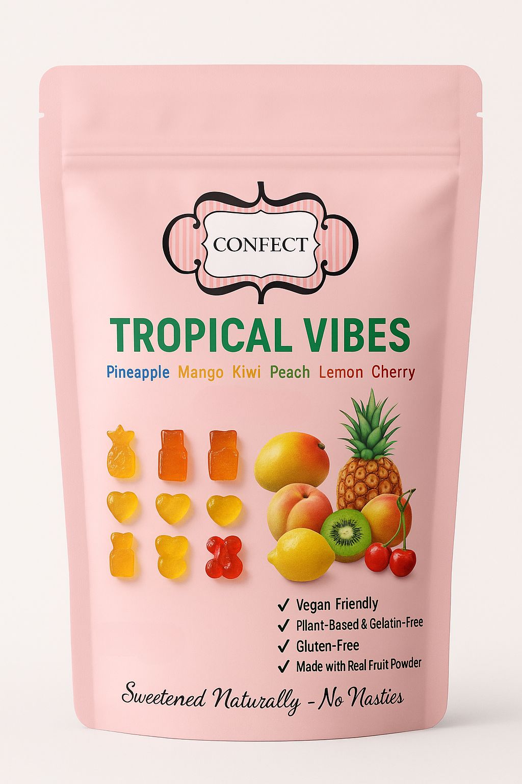 Confect Tropical Vibes Gummies | Pack of Pineapple, Mango, Kiwi, Peach, Lemon, Cherry Gummies | | Grocsy