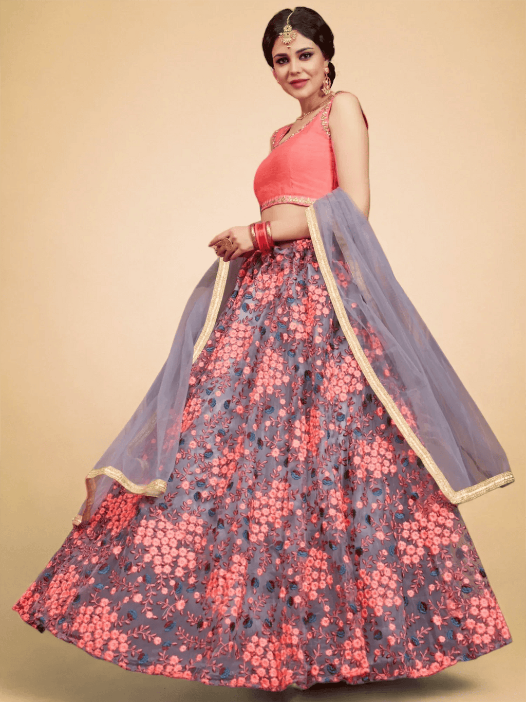 Tulsi Art Grey Floral Embroidered Net Bridal Lehenga Choli | Grocsy