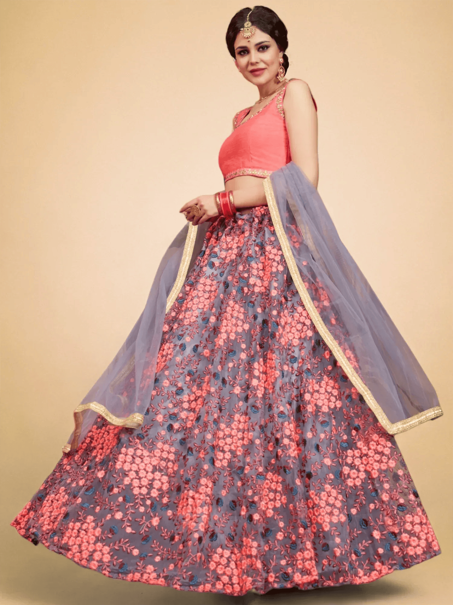 Tulsi Art Grey Floral Embroidered Net Bridal Lehenga Choli | Grocsy