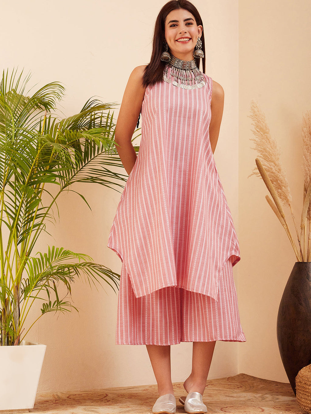 InWeave Women's Light Pink Lurex Kantha Mandarin Neck Kurta Palazzo Set | Grocsy