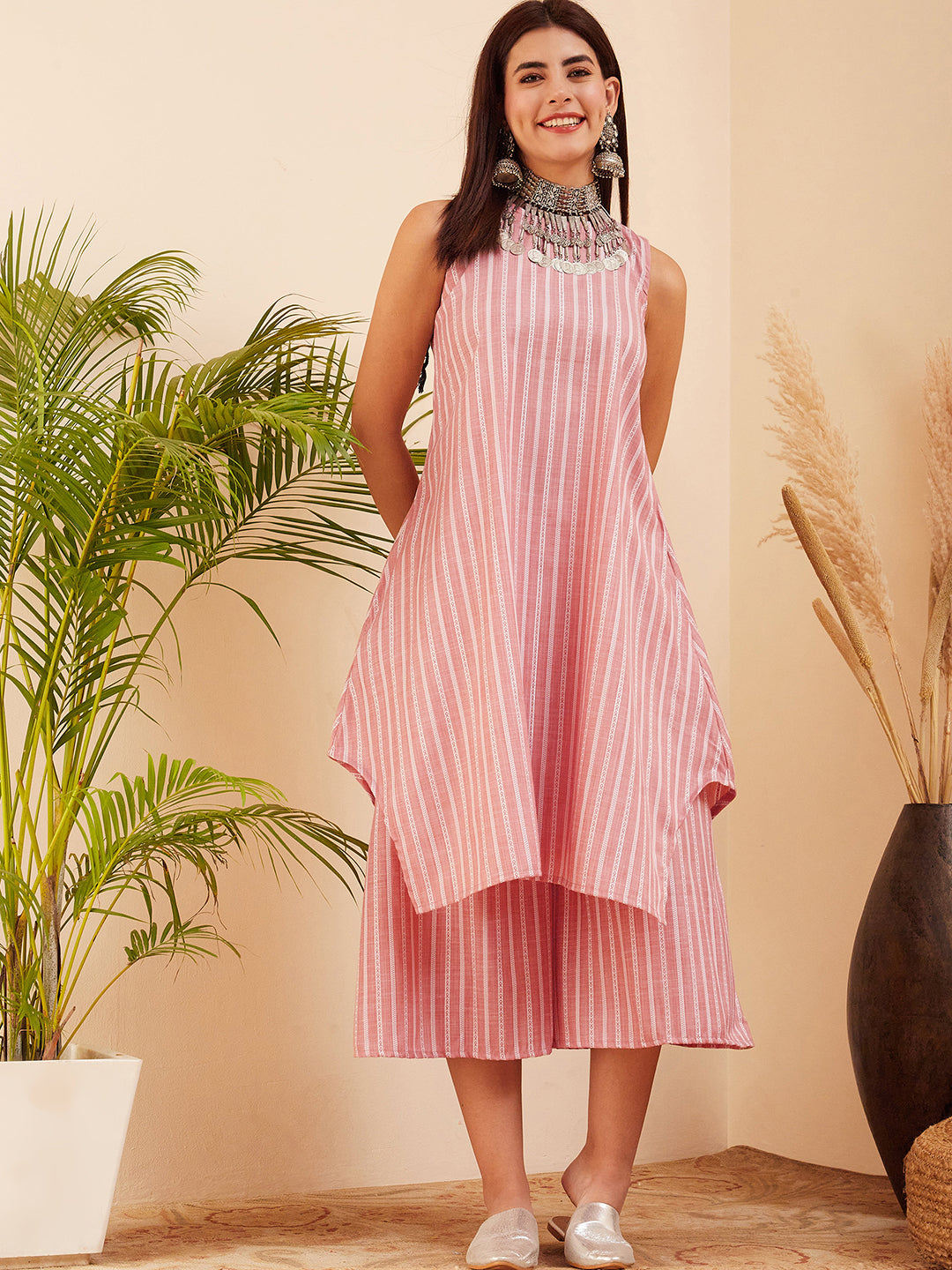 InWeave Women's Light Pink Lurex Kantha Mandarin Neck Kurta Palazzo Set | Grocsy