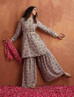 trueBrowns Off White Geometric Print Sharara Set | Grocsy