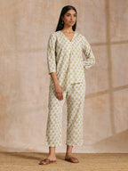 trueBrowns Green Buta On Off-White Block Print Cotton Co-Ord Set | Grocsy