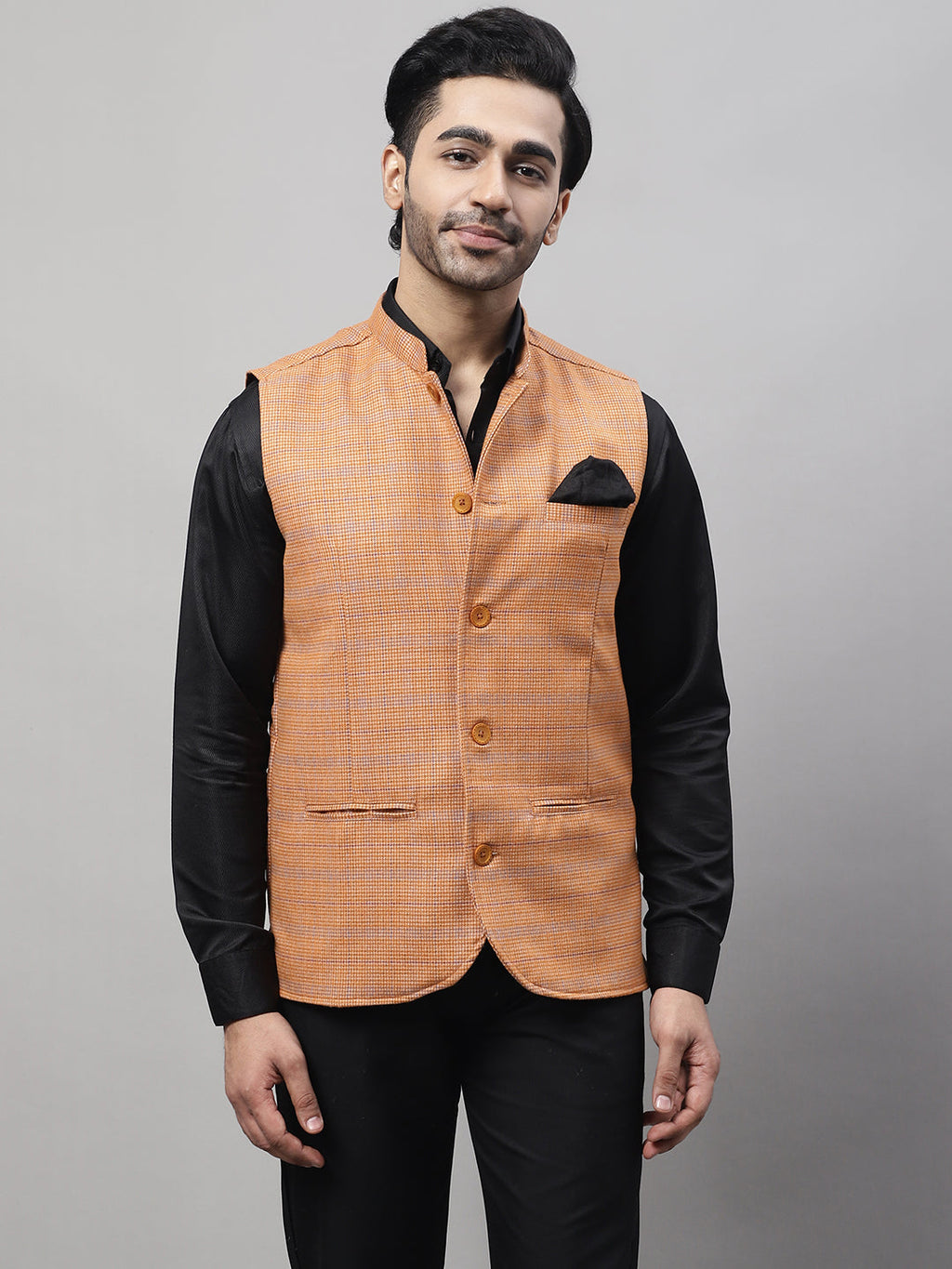 Even Apparels Men's Orange Nehru Jacket With Welt Pockets | Grocsy