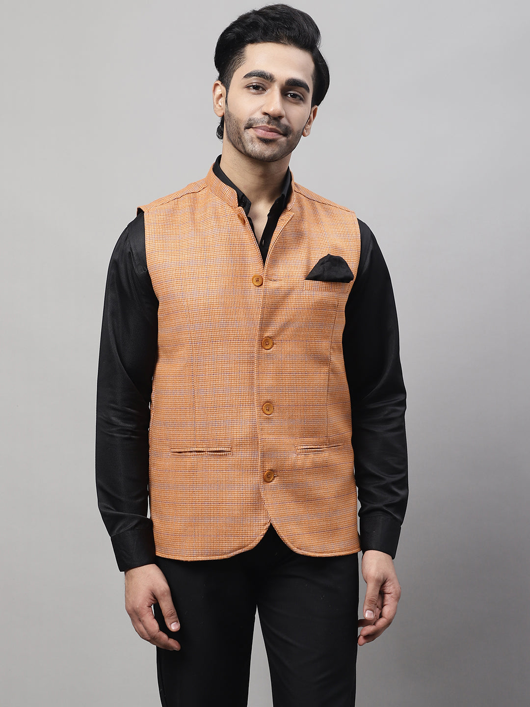 Even Apparels Men's Orange Nehru Jacket With Welt Pockets | Grocsy