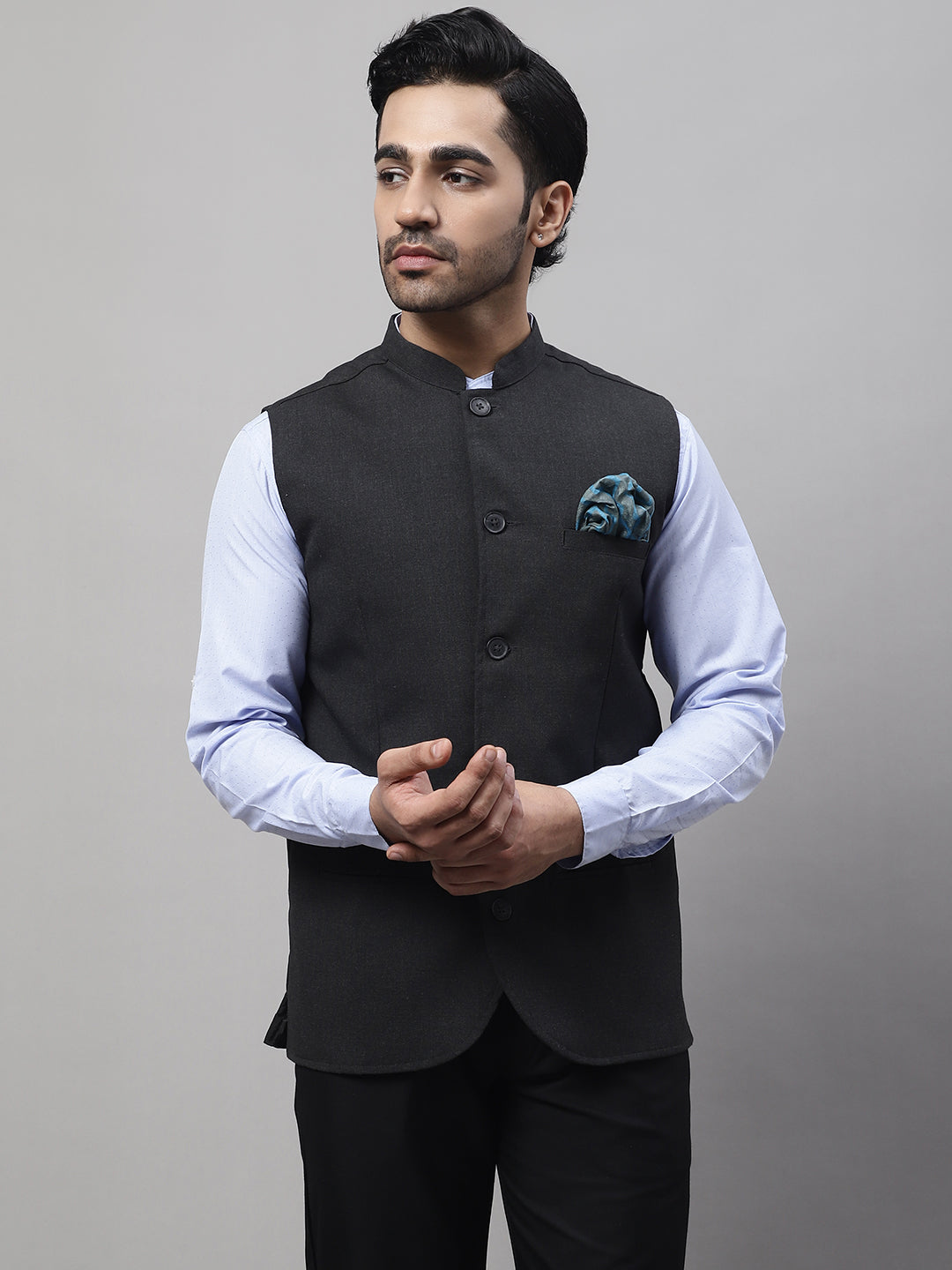 Even Apparels Men's Grey Nehru Jacket With Welt Pockets | Grocsy