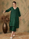 InWeave Women's Pine Green Lurex Flared V Neck Kurta Palazzo Set | Grocsy
