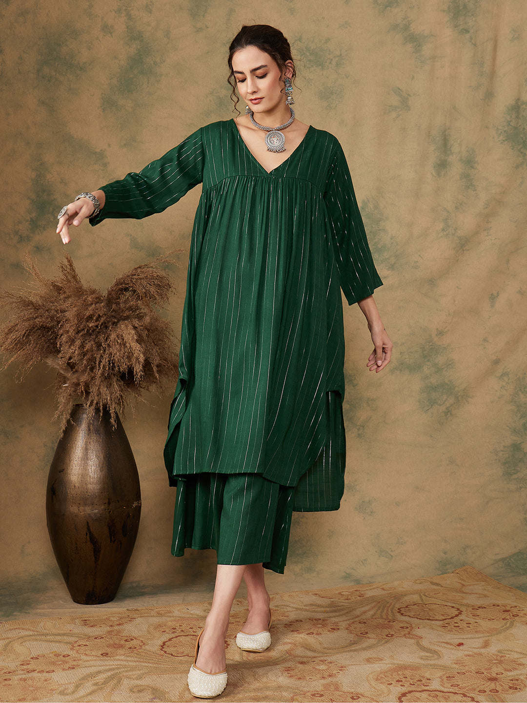 InWeave Women's Pine Green Lurex Flared V Neck Kurta Palazzo Set | Grocsy