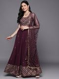 Indian Clothing Ahalyaa Purple & Gold-Toned Printed Sequinned Foil Print Ready to Wear Lehenga & Blouse With Dupatta | Grocsy