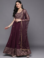 Indian Clothing Ahalyaa Purple & Gold-Toned Printed Sequinned Foil Print Ready to Wear Lehenga & Blouse With Dupatta | Grocsy
