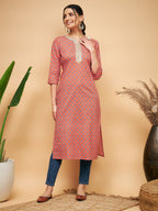 InWeave Women's Coral Blue Boota Print Gota Straight Kurta | Grocsy