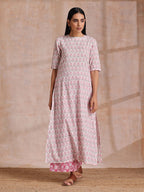 trueBrowns Pink Green Floral On White Block Print Cotton Slit Kurta Pant Set | Relove | Grocsy