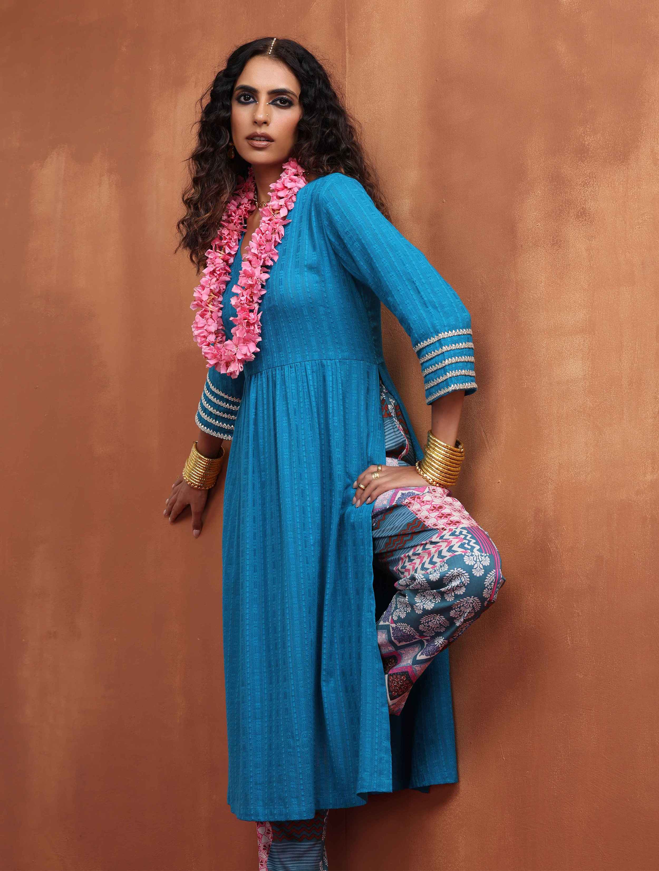 trueBrowns Blue Cotton Flared Anarkali Kurta Set | Grocsy