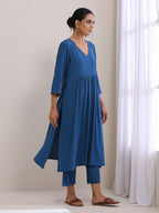 trueBrowns Classic Blue Dobby High Slit Gathered Kurta Set | Grocsy