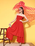 InWeave Women's Red Mirror Work Off Shoulder Kurta Set With Lehriya Dupatta | Grocsy