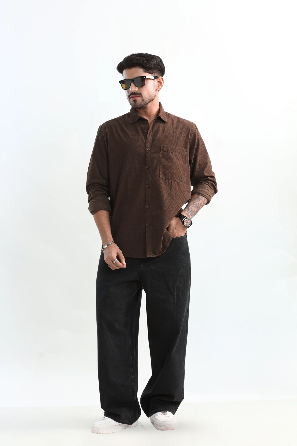 Xkind Men's Mocha Brown Fine Corduroy Regular Fit Shirt | Grocsy