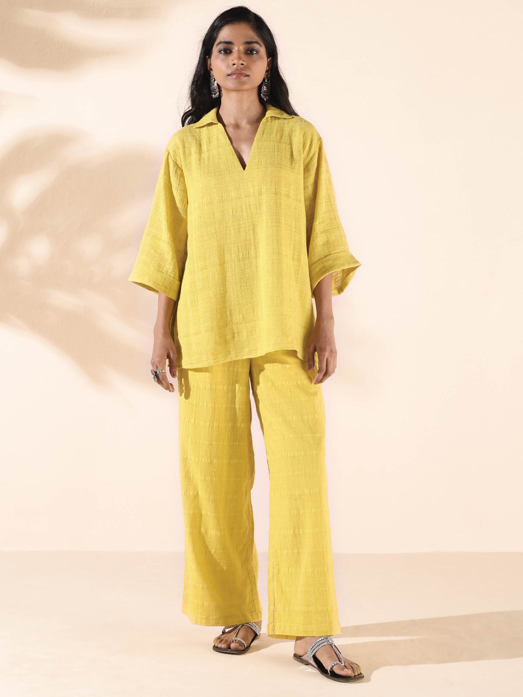 trueBrowns Lime Cotton Dobby V-Neck Co-ord Set | Grocsy