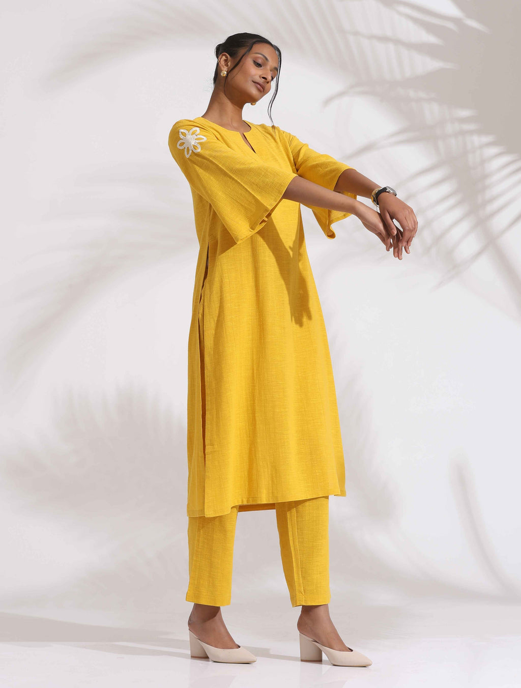 trueBrowns Yellow Cotton Slub Embroidered Straight Kurta Set | Grocsy