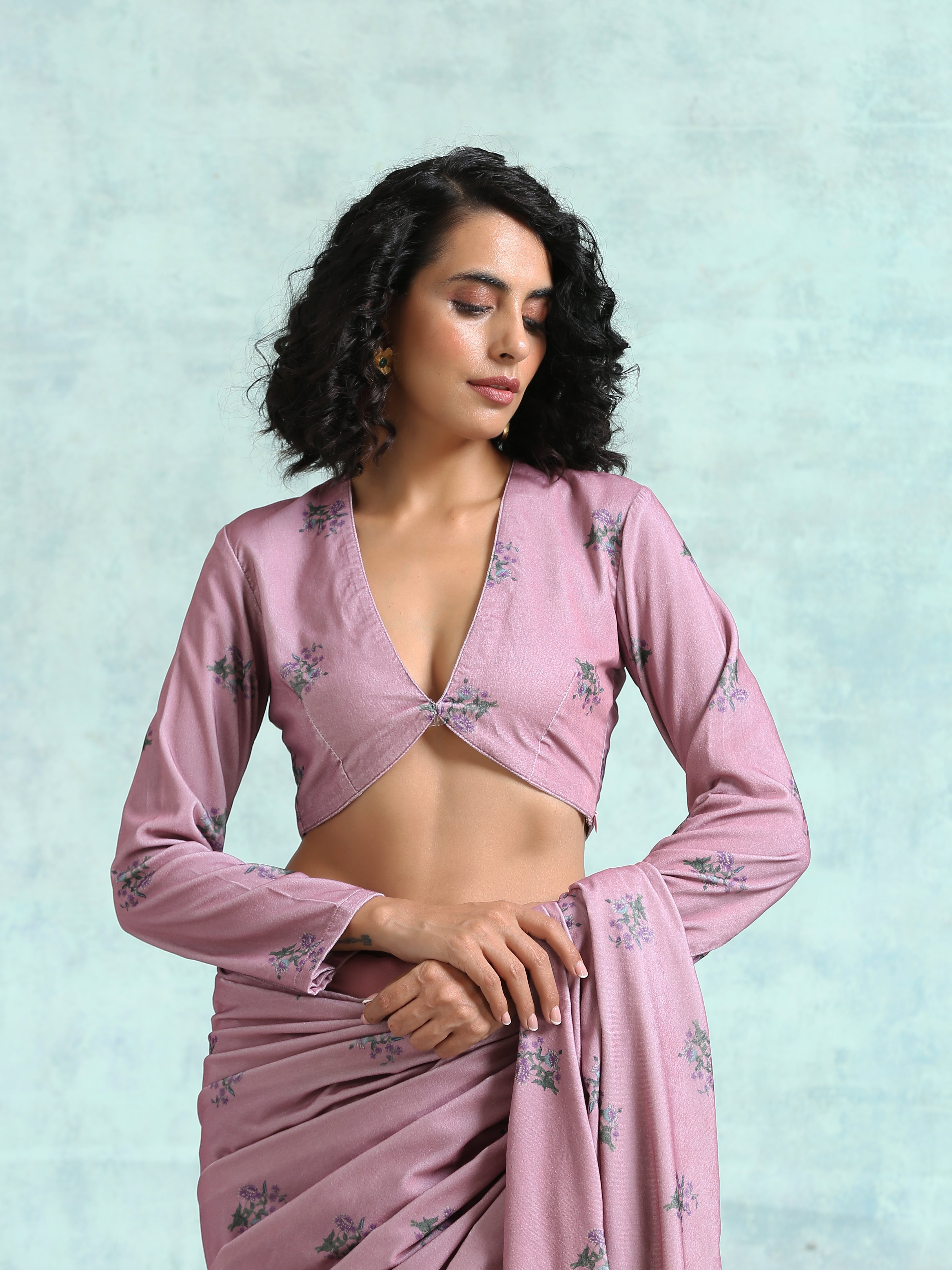 trueBrowns Light Mauve Printed Velvet Blouse | Grocsy