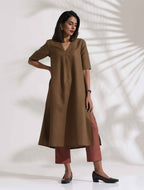 trueBrowns Brown Slub Highslit Kurta Set | Grocsy