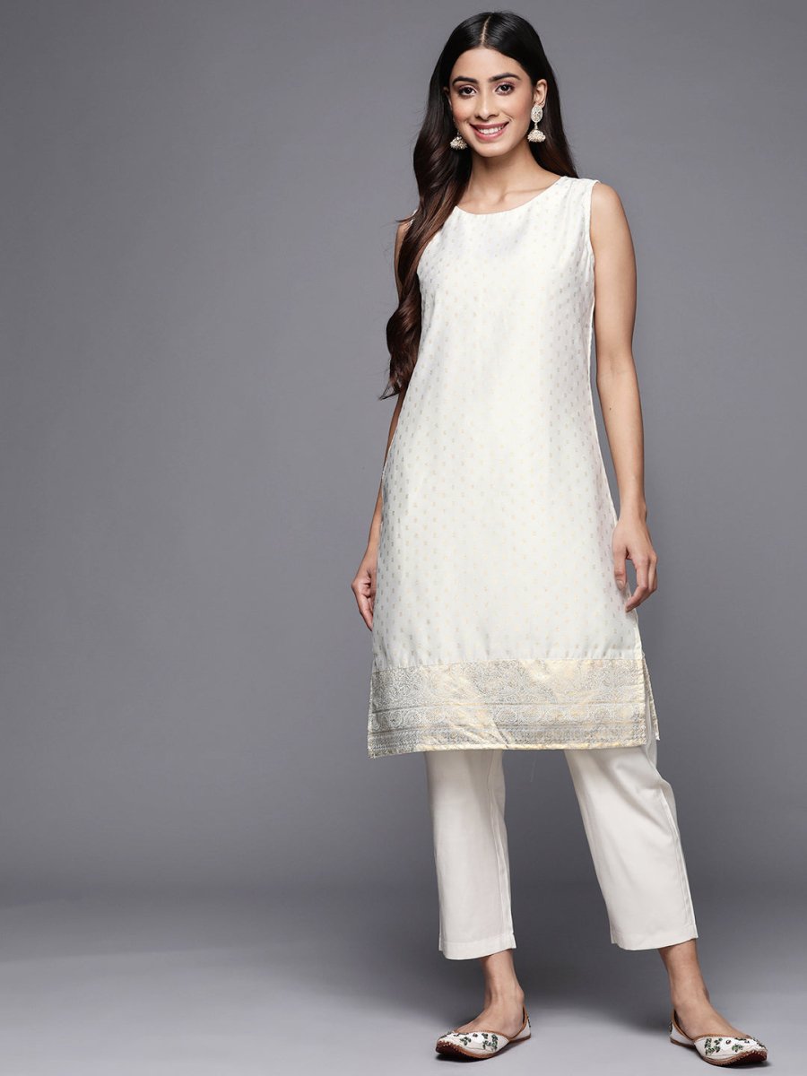 Ahalyaa Women Off White & Gold-Toned Geometric Printed Kurta | Grocsy